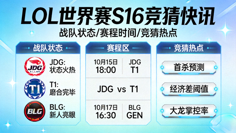 LOL世界赛竞猜S16快讯配图，展示战队状态、赛程与竞猜热点的资讯画面