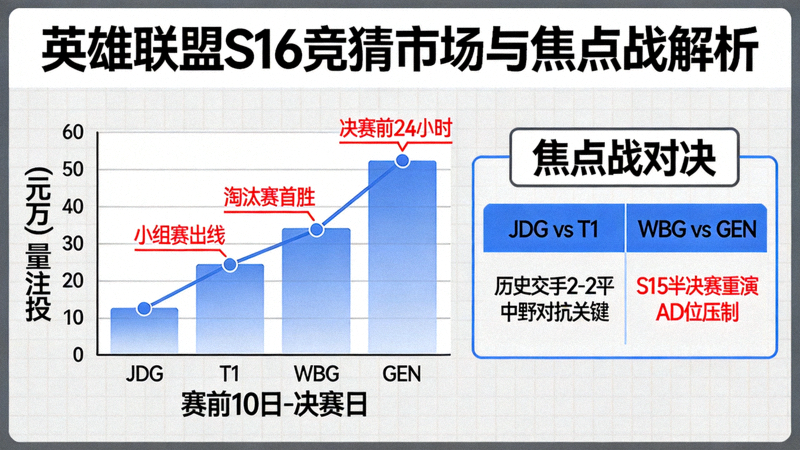 英雄联盟竞猜S16新闻配图，展示下注市场变化与世界赛焦点战解析的图表画面